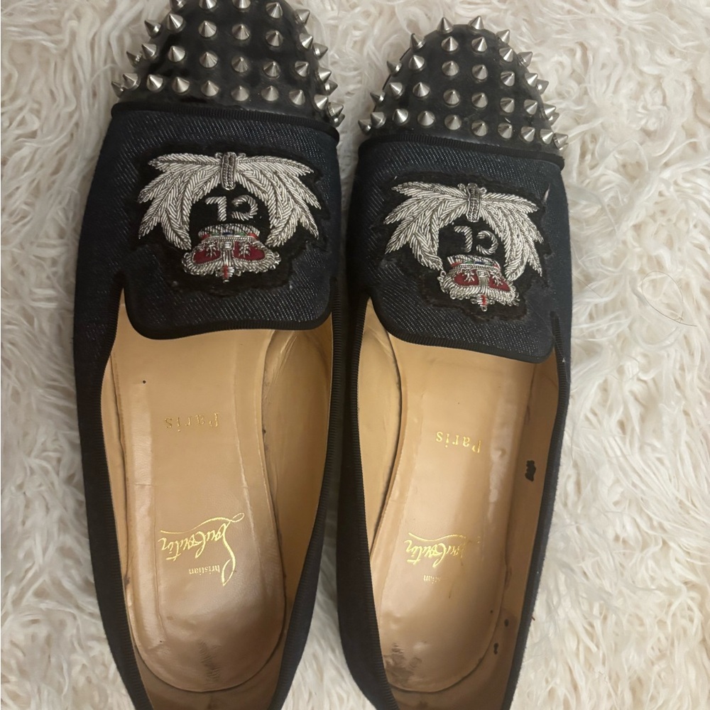 Christian Louboutin Black Embroidered Flats with Silver Spikes - Picture 4 of 6